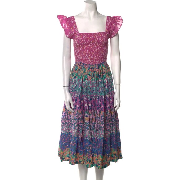 Caroline Constas womens Cotton Midi Dress sz Medium Pink Floral Smocked Tie Back - Picture 2 of 7